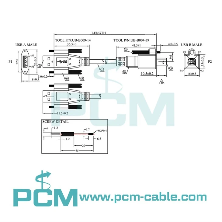 dimensions of usb 2.0 industrial camera cable usb A to usb B